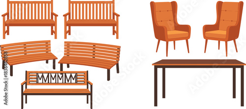 Wooden indoor and outdoor furniture vector illustration set with benches armchairs and table in classic design