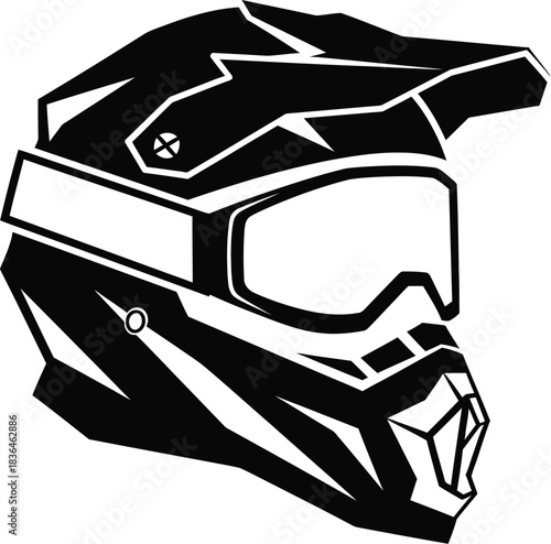 Black and white graphic of a motocross helmet with goggles and visor design