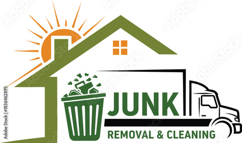 Junk Removal and Cleaning Services Logo Design with House and Truck