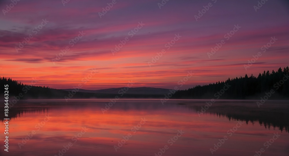 Fototapeta premium Dramatic Sunset or Sunrise over a Misty Forest Lake with Vibrant Reflection