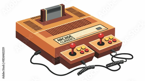 Classic retro video game console with two joysticks isolated on a white background.