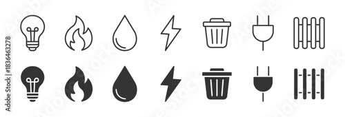 Household Utilities Icon Set, Home Energy and Resource Symbols, Electricity, Water, Heating, Waste Management and Power Supply concept icon, vector illustration.