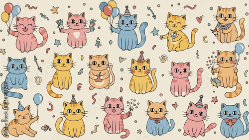 Cute cartoon cats celebrating a birthday party with hats and balloons.