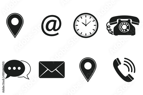 Collection of common contact icons including location email clock phone and message symbols