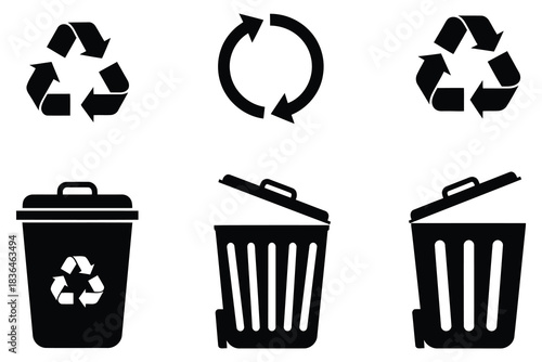 Collection of recycling and trash can icons representing waste management and sustainability