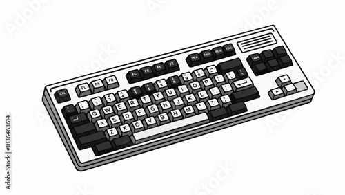Detailed Illustration of a Mechanical Keyboard with Black and White Keys.