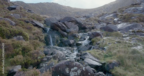 Exploring the Kerry Region of Ireland with streams, rocks, and nature in the background during a cloudy day