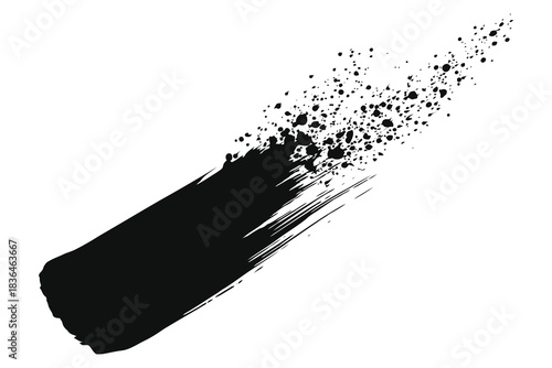 Abstract black brush stroke dissolving into particles on white background