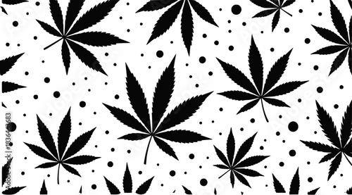 Black and White Cannabis Leaf Pattern with Dots
