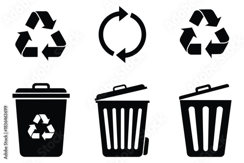 Collection of recycling and trash bin icons representing waste management and environmental symbols