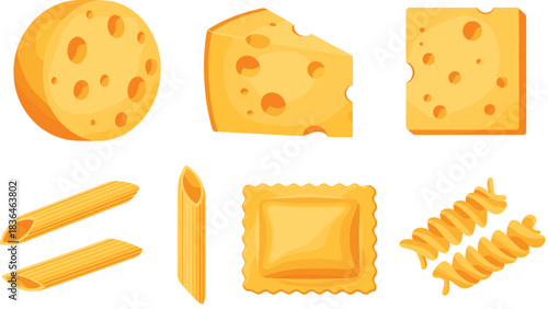 Cheese and pasta illustration set featuring sliced cheese, cheese block, ravioli, penne, and fusilli pasta