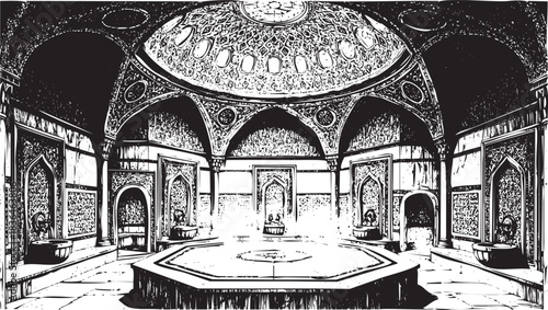 Vintage black and white engraving illustration of the interior of a traditional ottoman turkish bath or hammam with a central marble platform