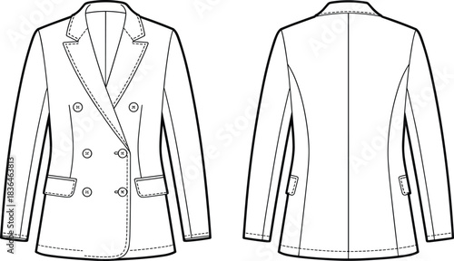 Double-breasted blazer technical vector set, front and back fashion sketch with notched lapel, flap pockets, topstitching, garment design illustration