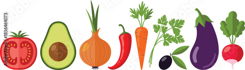 Colorful flat vegetable illustration set featuring tomato, avocado, onion, chili, carrot, olive, eggplant, and radish