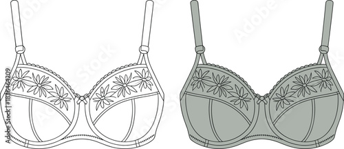Floral embroidered bra vector set with scalloped cup edge, adjustable straps, seam detail, and supportive underband in line and muted color versions