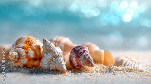 Seashells in various shapes and colors are placed on soft sand with gentle ocean waves and bright sunlight creating a relaxing coastal scene.