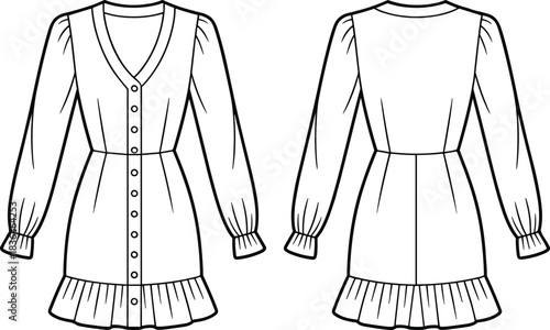 Fashion technical sketch, V-neck puff sleeve dress, ruffle hem, button-down front, front and back view, garment construction, sewing pattern, vector template