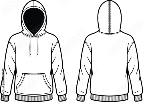 Hooded sweatshirt technical flat sketch, front and back view, drawstring hood, kangaroo pocket, ribbed cuffs and hem, fashion design, garment construction