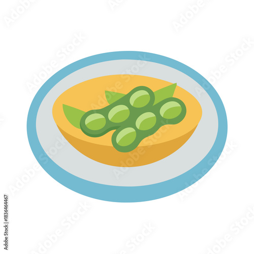 Edamame and broth in round bowl, food illustration style