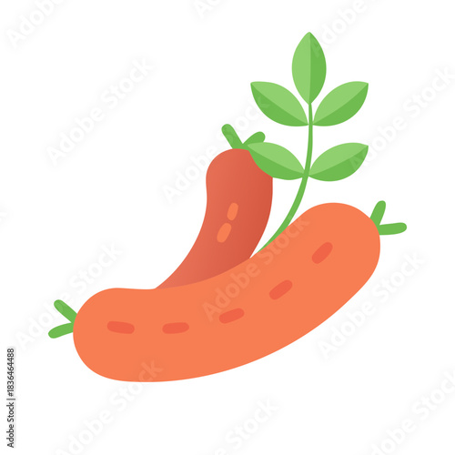 Pair of sausages with leaves isolated on white backdrop