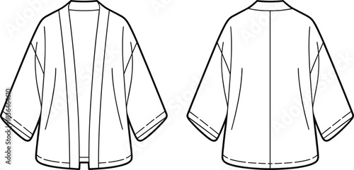 Kimono-style jacket fashion vector set, front and back technical sketch with wide sleeves, open front band, garment design illustration