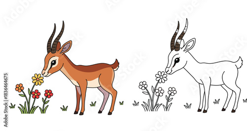 Cute cartoon gazelle smelling colorful flowers. Vector illustration of a happy antelope or impala isolated on white background.