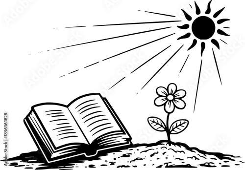 Open Book and Flower Under the Sun, Symbolizing Growth and Knowledge