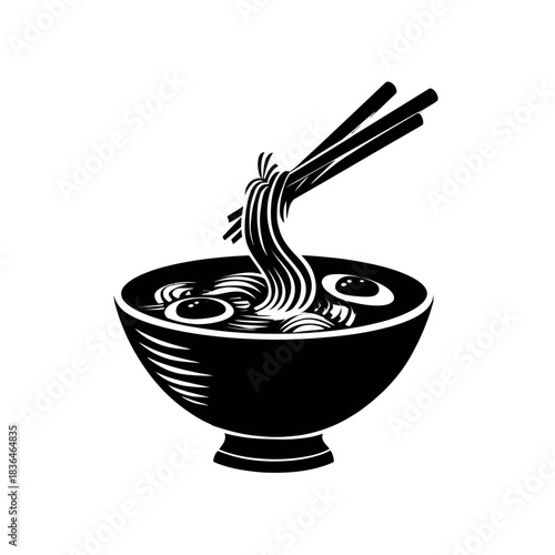 Black and white illustration of a bowl of ramen noodles with chopsticks