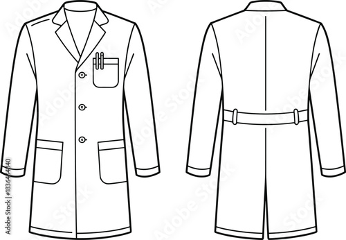 Lab coat technical vector set, front and back fashion sketch with notched lapel, chest and lower pockets, waist strap, garment design illustration