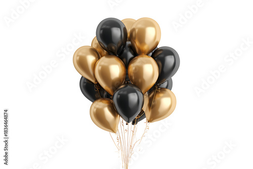 Realistic Black and Golden Shiny Balloons Bunch, isolated on a transparent background.