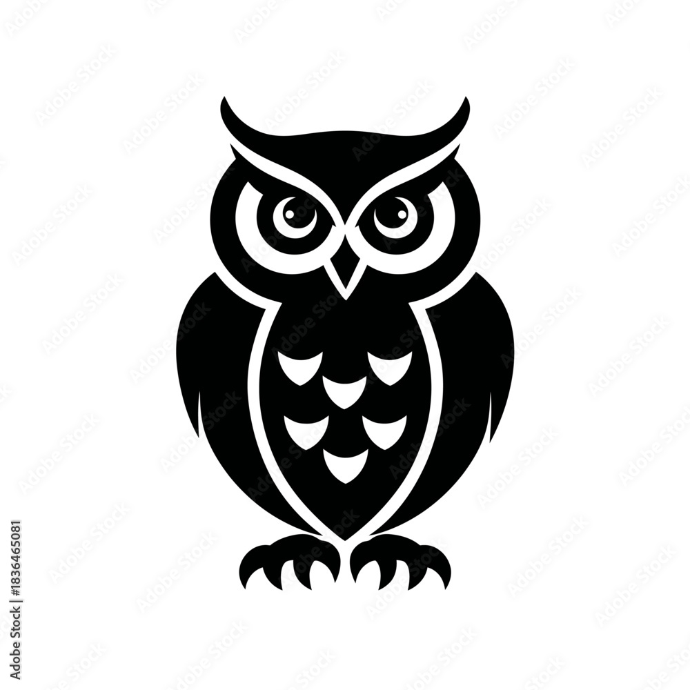 Fototapeta premium Black and white owl illustration on white background for design and concept