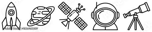 Space Exploration Icons Rocket, Planet, Satellite, Astronaut, Telescope