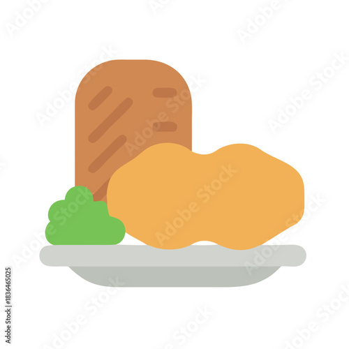 Flat illustration of meatloaf, mashed potatoes, and broccoli