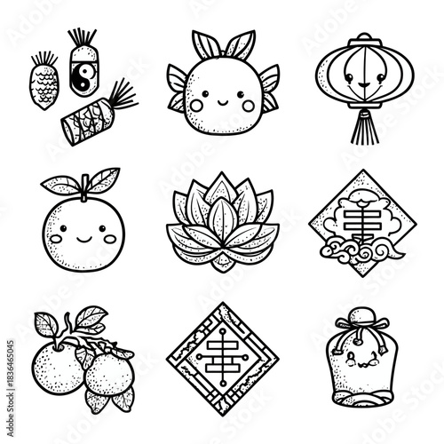 Black and white line art illustrations of various lucky symbols