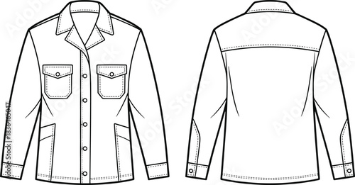 Long-sleeve utility shirt vector set with front and back fashion sketch, flap pockets, notch collar, button placket, and topstitching for garment design