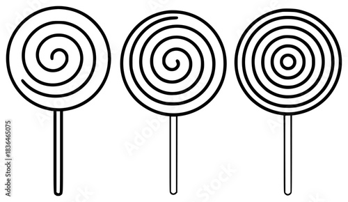 Three Swirl Lollipops on Sticks, Black and White Outline Design