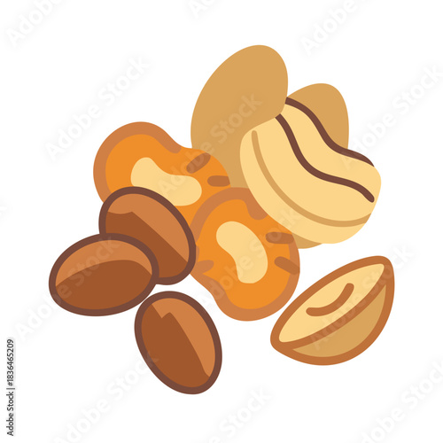 Stylized flat illustration of assorted nuts on white background