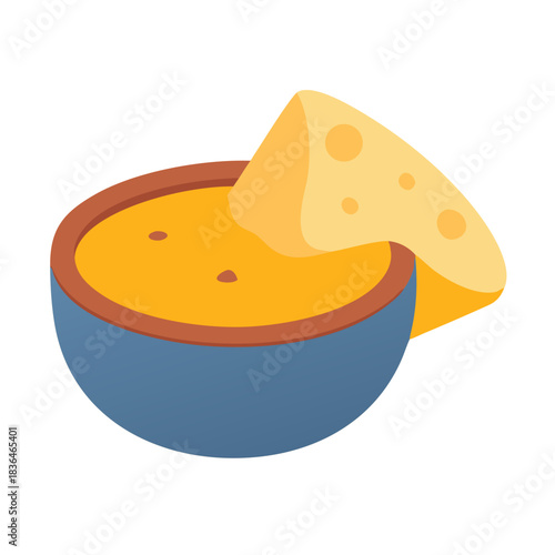 Cartoon image of nacho chip in dip bowl