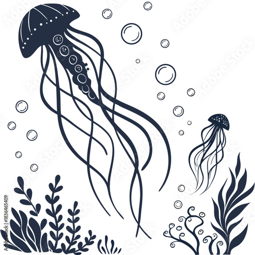 Underwater air bubbles decoration elements. Fizzy water or soap foam texture. Vector isolated silhouette design element. Vertical wavy streams collection
