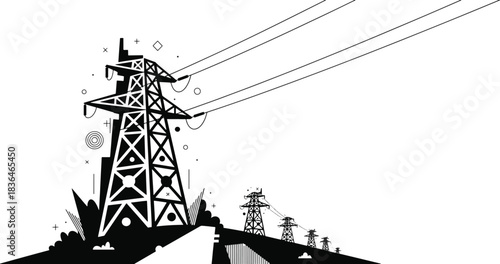Stylized Power Transmission: Abstract Pylon on Hilly Terrain