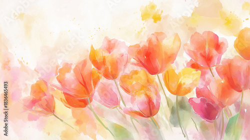 Vibrant pink and orange tulips in soft watercolor bloom