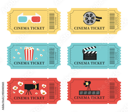 Set of retro cinema tickets with movie-themed illustrations including popcorn, film reel, clapperboard, vintage camera, 3D glasses, and spotlight. Colorful vintage-style movie ticket collection 
