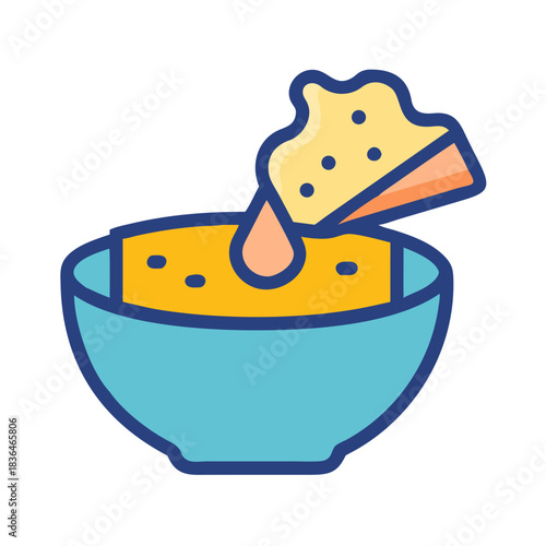 Cartoon style image of nacho chip and dipping sauce