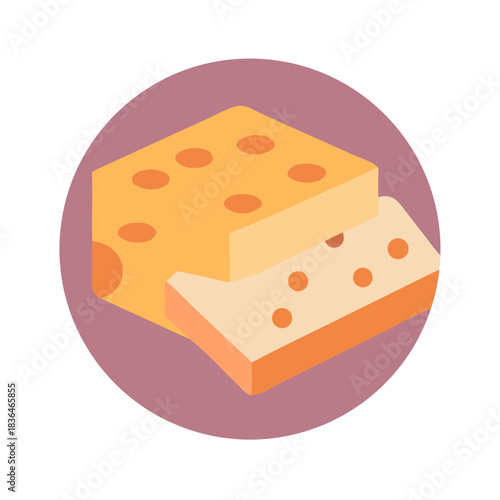 Isometric cheese block with holes inside a pink circle