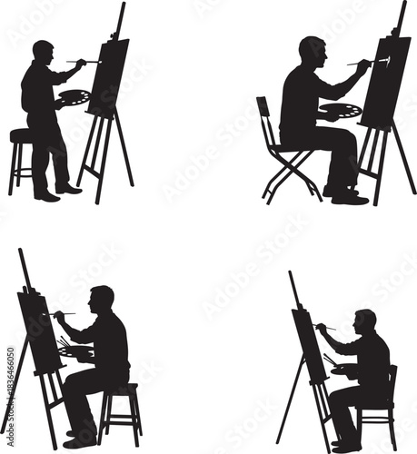 Silhouette collection of artists painting on easels in various poses