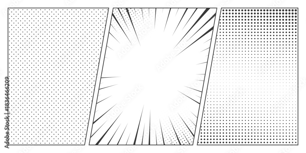Fototapeta premium Halftone comic manga book template set. Screentone page for superhero story. Collage grid manga with pop art dots effect. Panel layout or mockup. Action scene. Cartoon design. Vector illustration