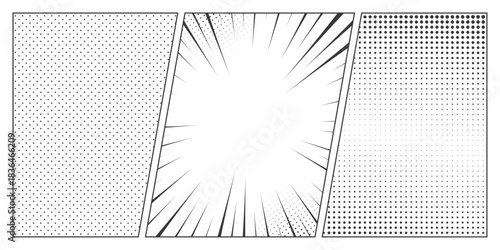 Halftone comic manga book template set. Screentone page for superhero story. Collage grid manga with pop art dots effect. Panel layout or mockup. Action scene. Cartoon design. Vector illustration