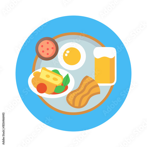 Breakfast platter with beer, flat style vector illustration