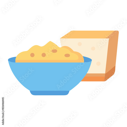 Flat vector still life of bread and dip bowl