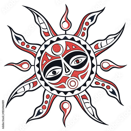Stylized sun illustration featuring a face with tribal art elements